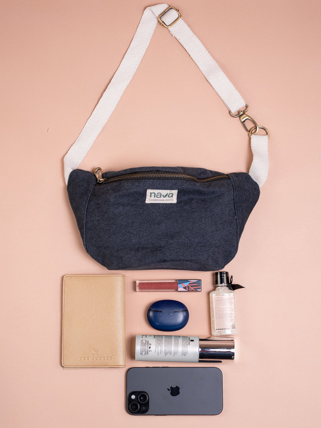 Nava Eco Friendly Cotton Fanny pack in blue, Spacious fits passport and accessories 