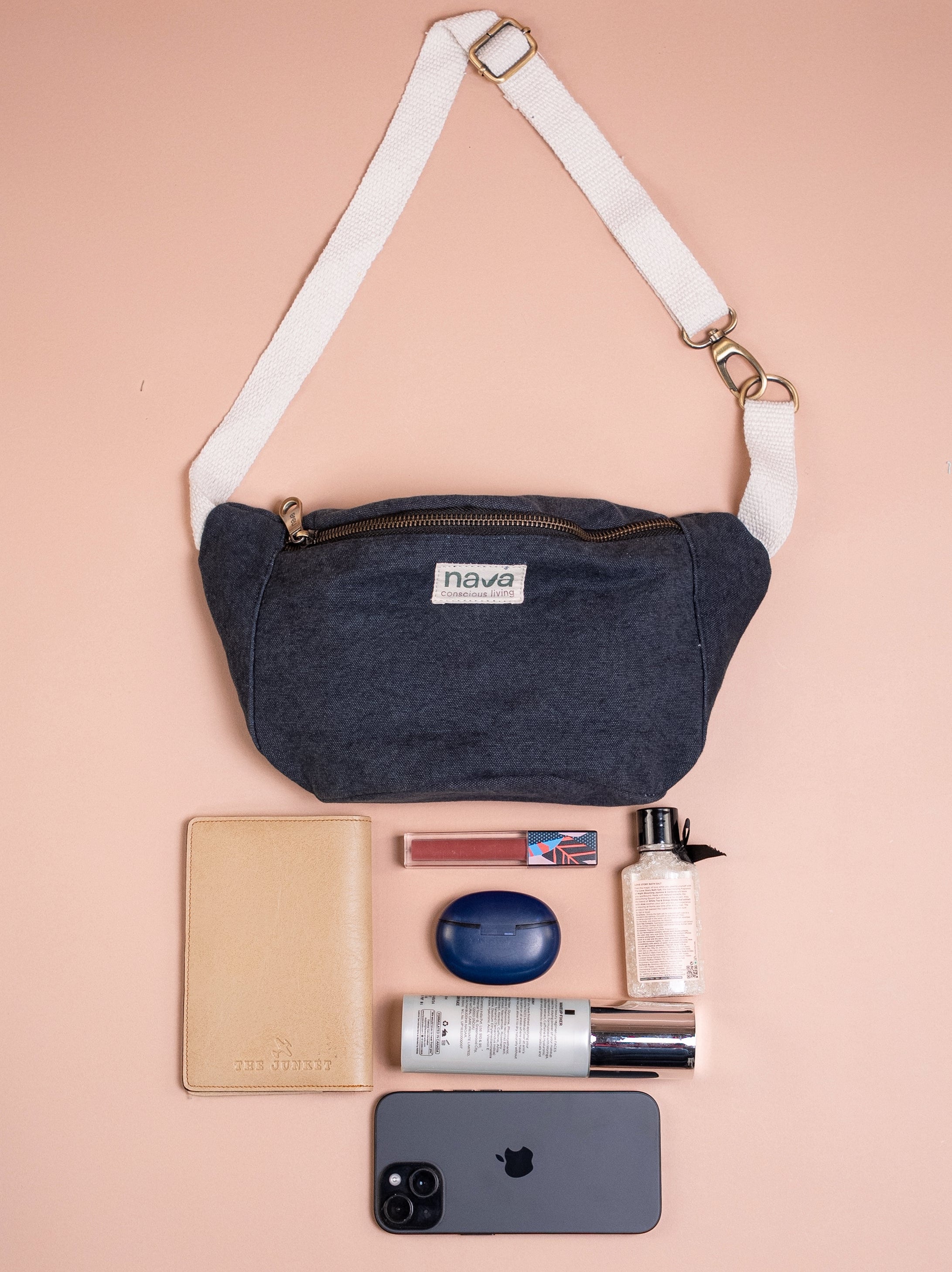 Nava Eco Friendly Cotton Fanny pack in blue, Spacious fits passport and accessories 