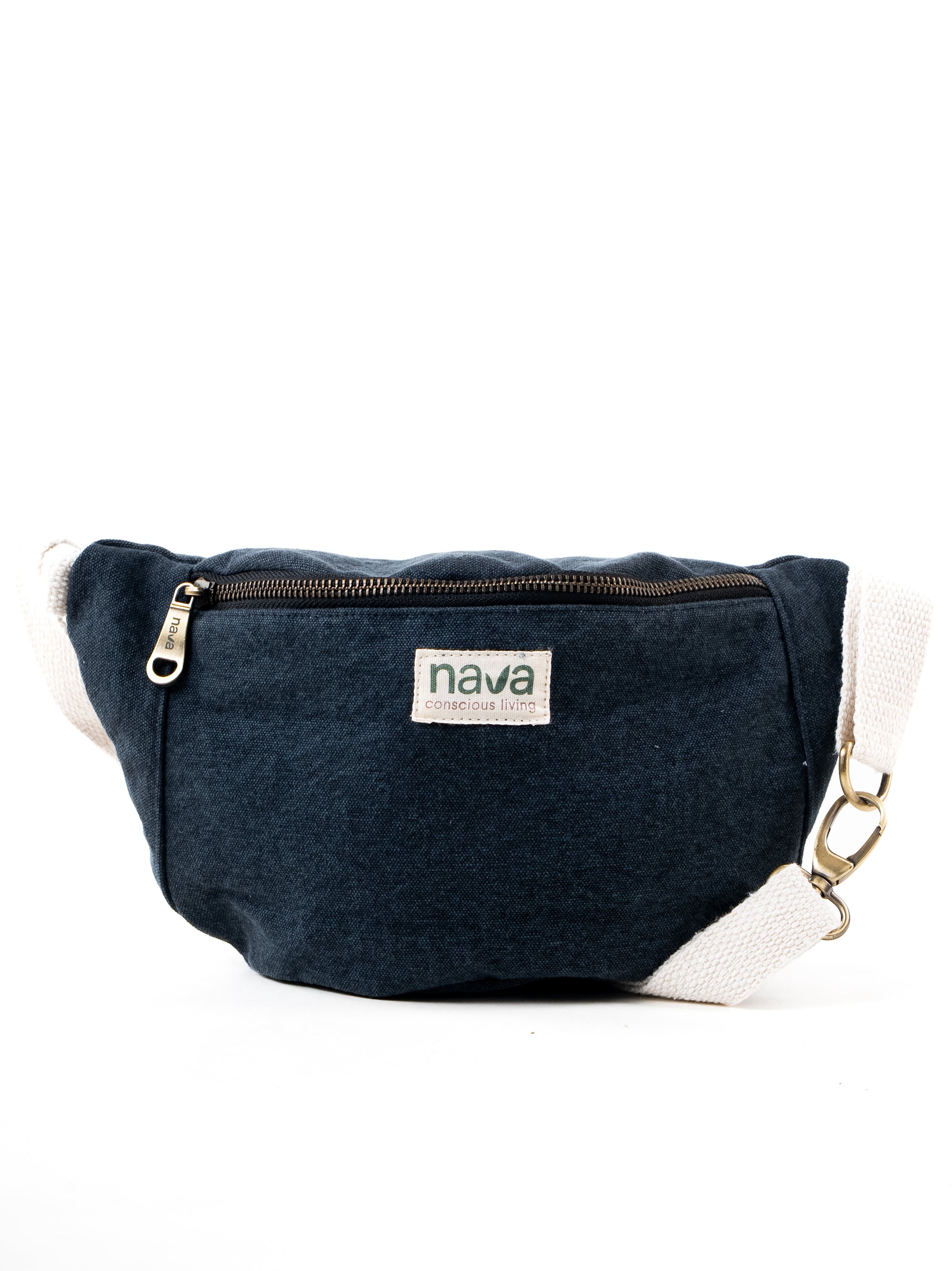 Nava Eco-friendly washed cotton fanny pack/waist bag in blue with metal details and adjustable band