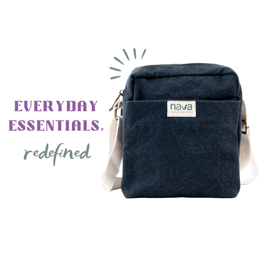 Nava branded eco-friendly cotton crossbody travel bag in blue colour