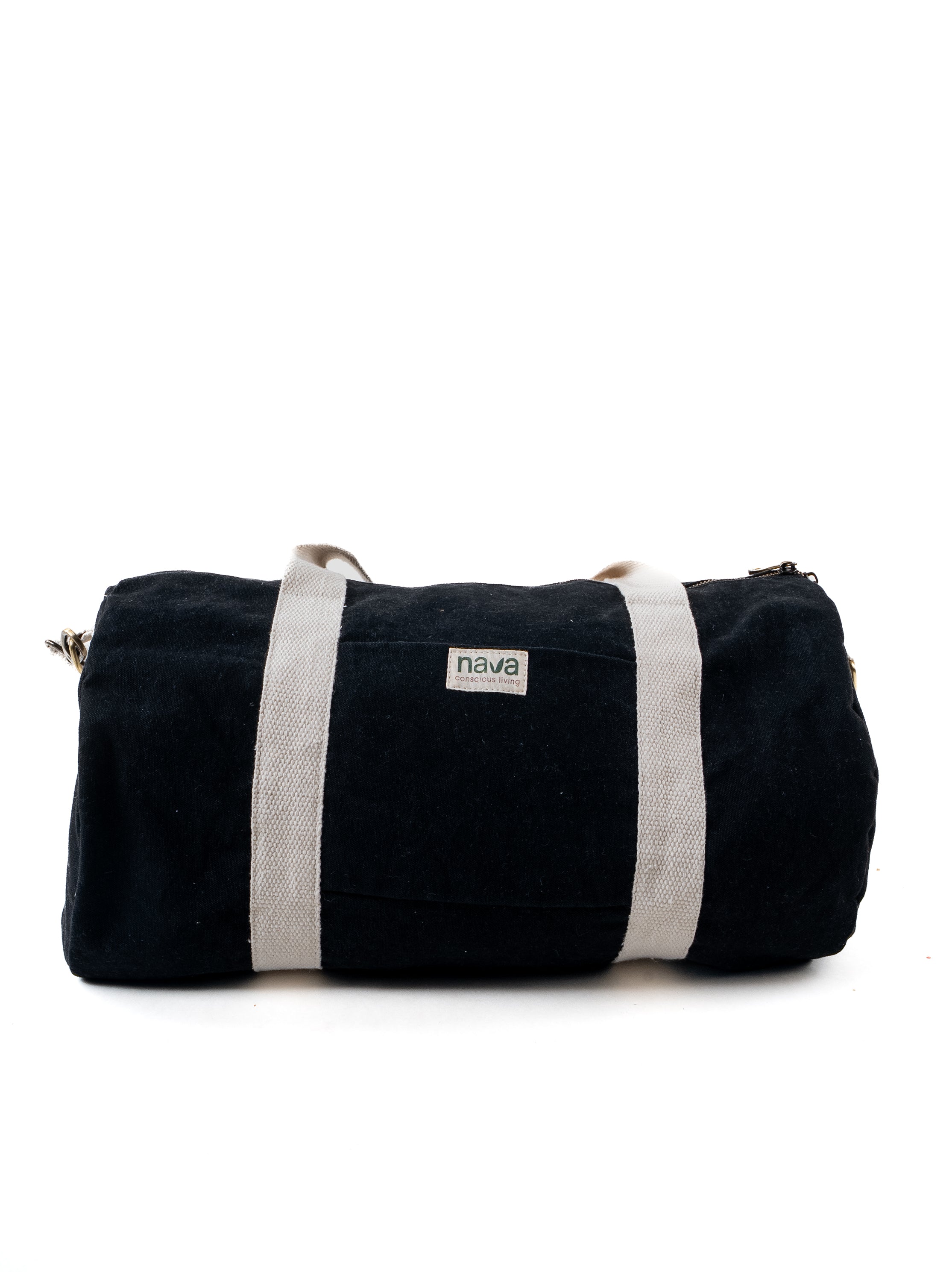 Nava branded eco-friendly cotton duffle bag in Black color, with removable straps