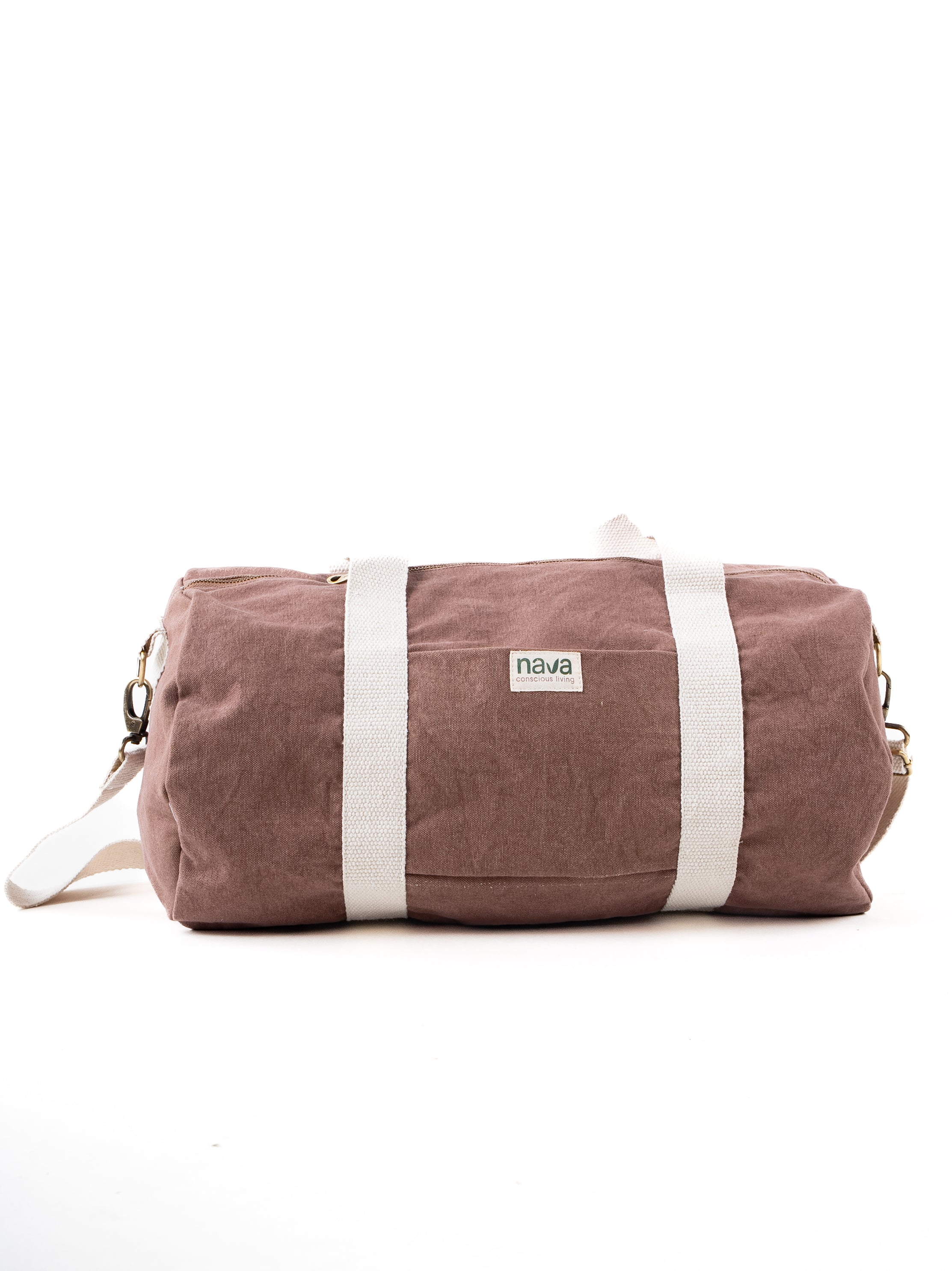 Nava branded eco-friendly cotton duffle bag in brown color, with removable straps