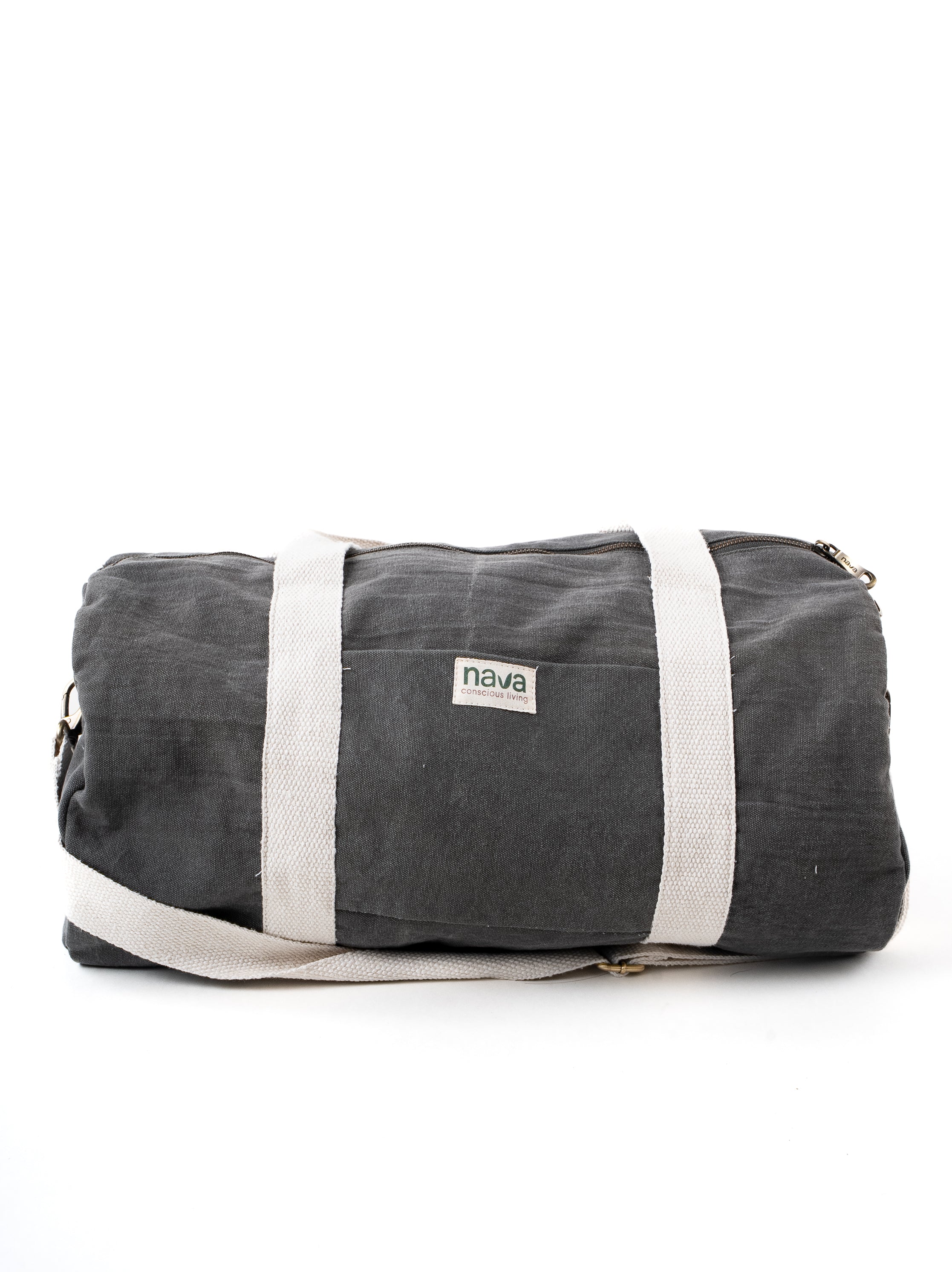 Nava branded eco-friendly cotton duffle bag in gray color, with removable straps