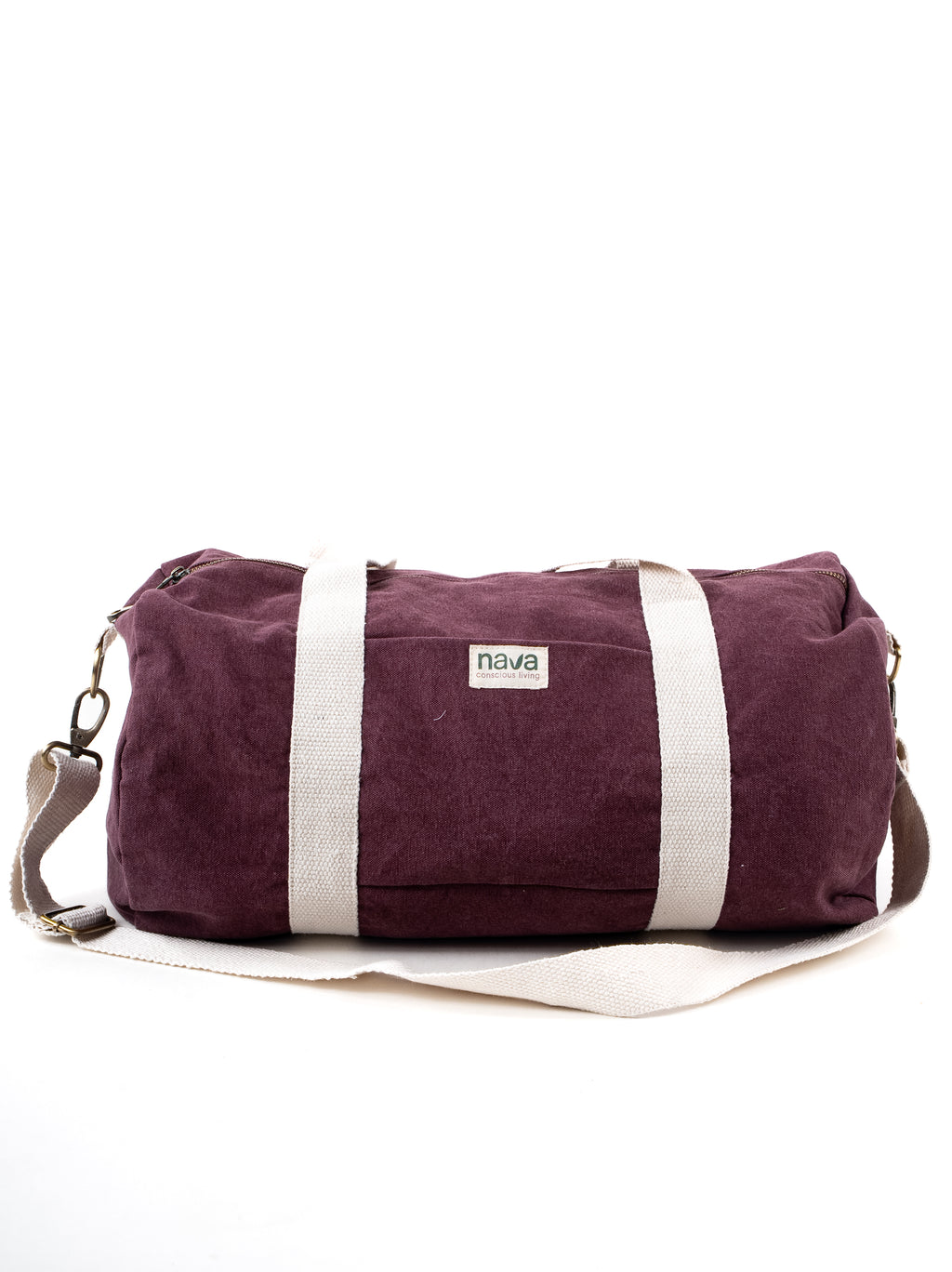 Nava branded eco-friendly cotton duffle bag in red color, with removable straps