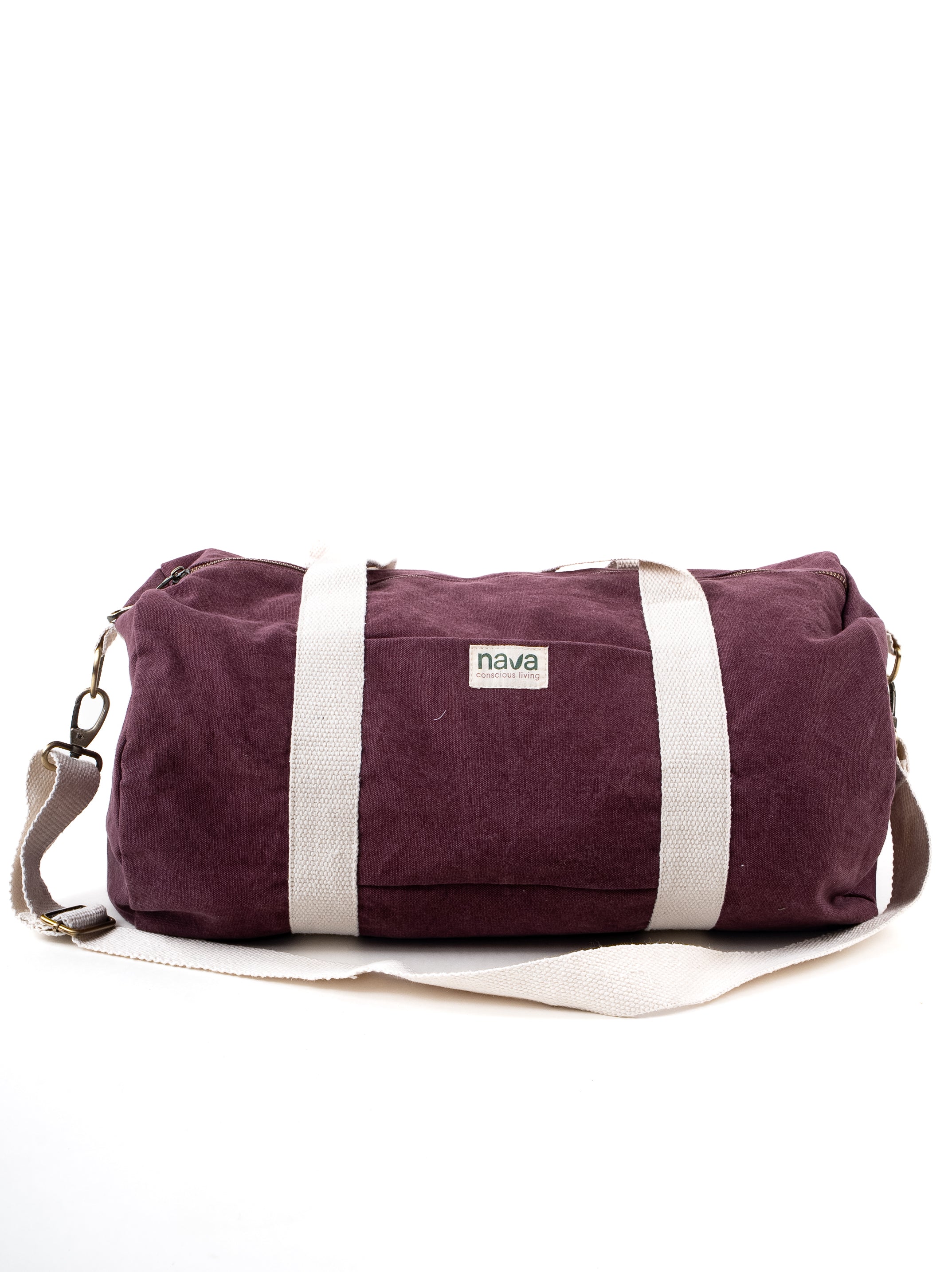 Nava branded eco-friendly cotton duffle bag in red color, with removable straps