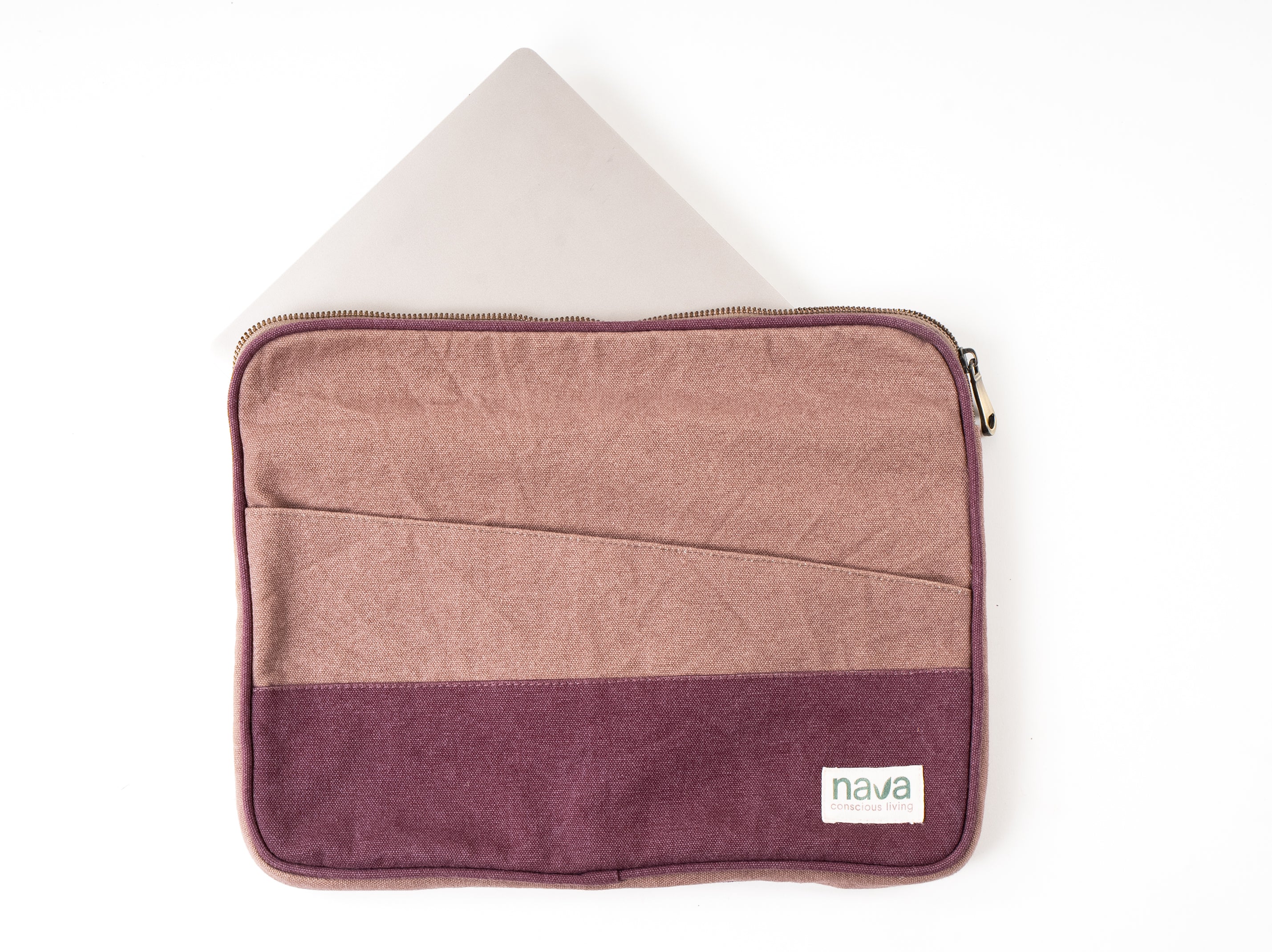 Nava Eco-friendly cotton sleeve laptop bag in brown and red 