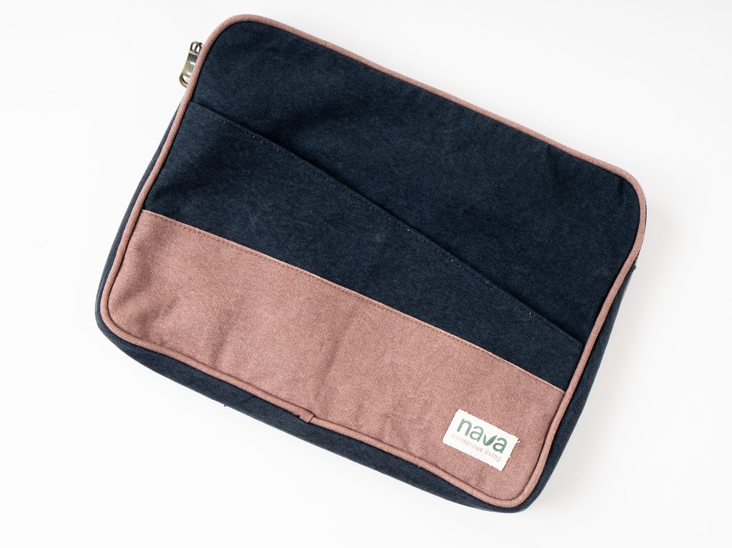 Nava branded eco-friendly cotton laptop sleeve in blue and brown