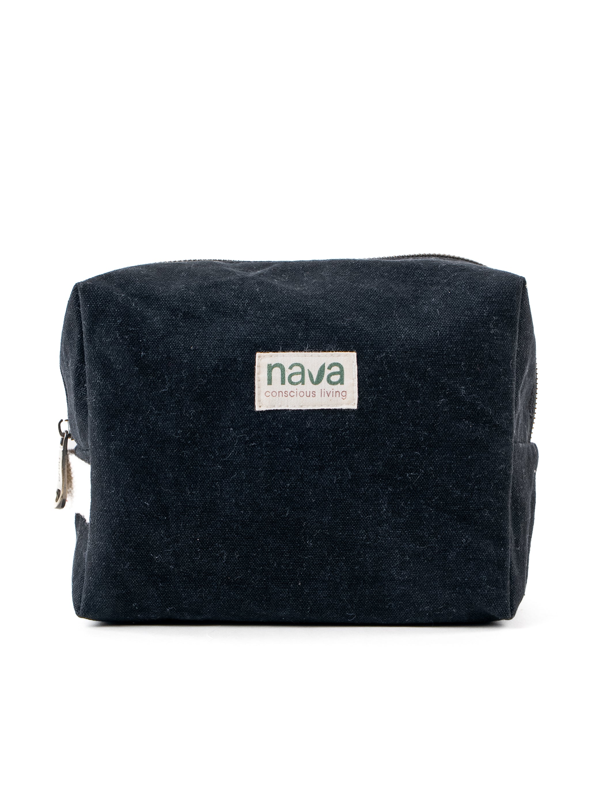 Nava brand eco-friendly cotton pouch in black for storing toiletries and other essentials
