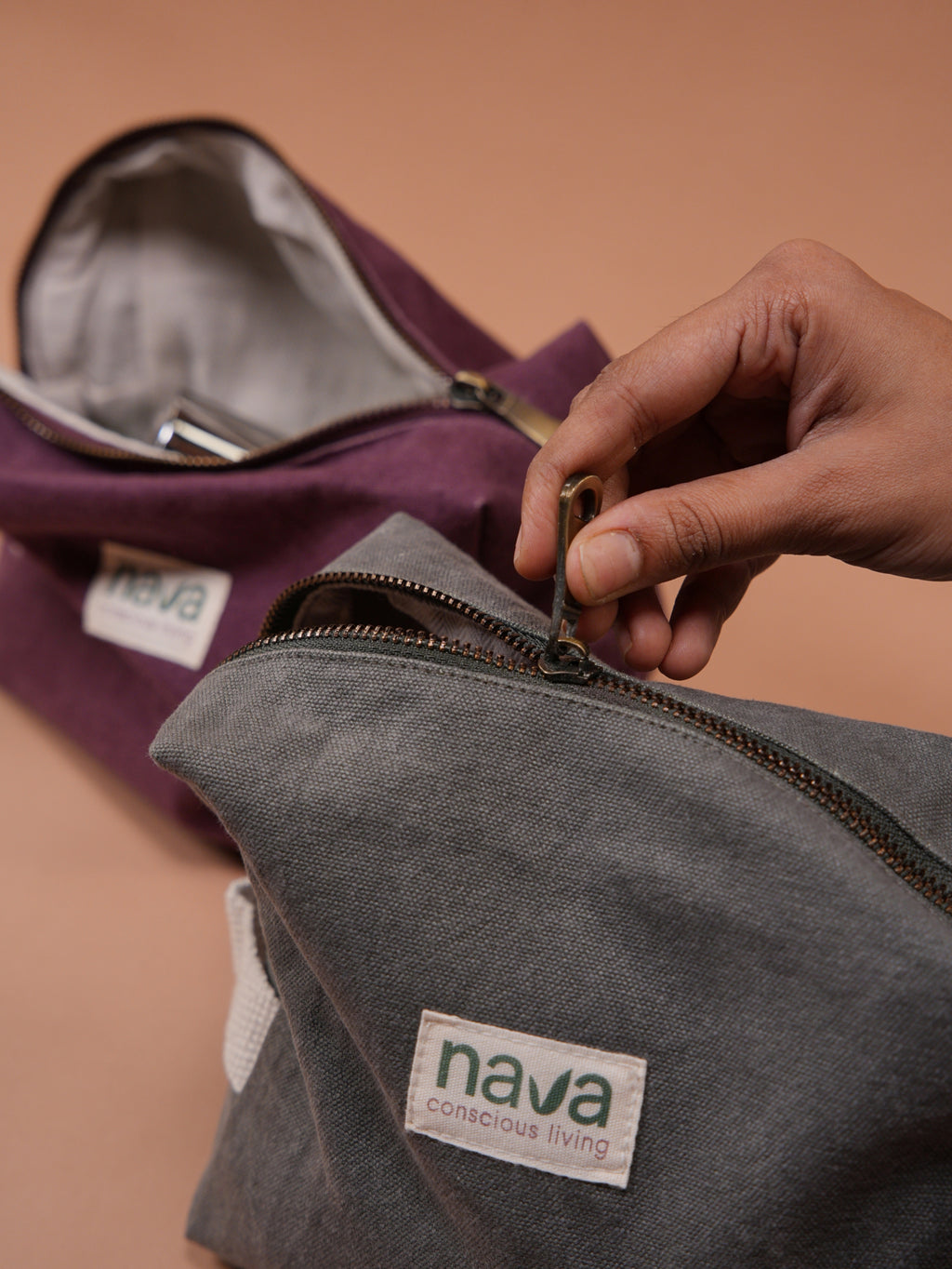 Close up shot of Nava brand Toiletry Pouch with zipper opening and premium cotton lining