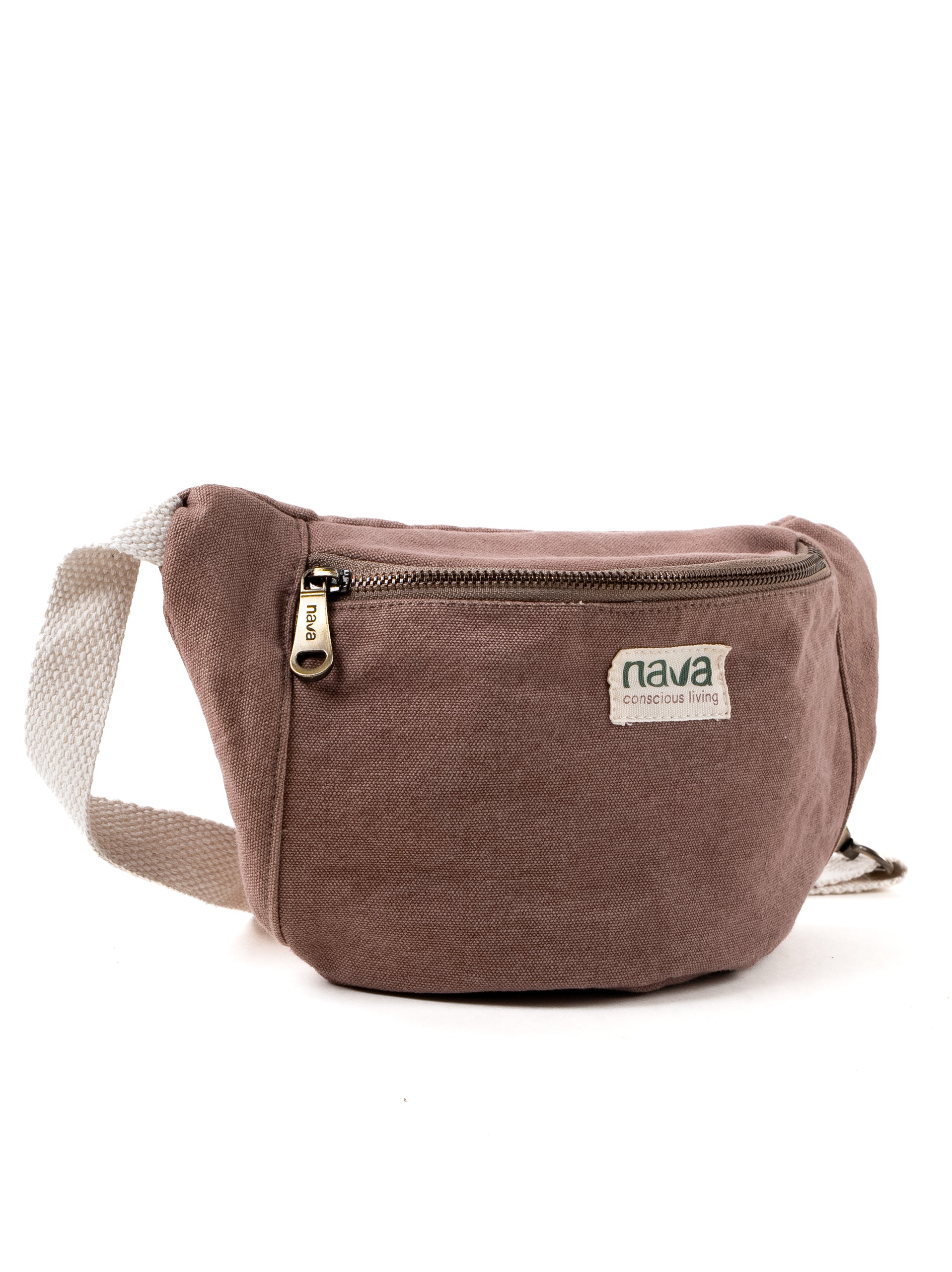 Front view of Nava Eco friendly washed cotton bag in brown with metal zipper closure