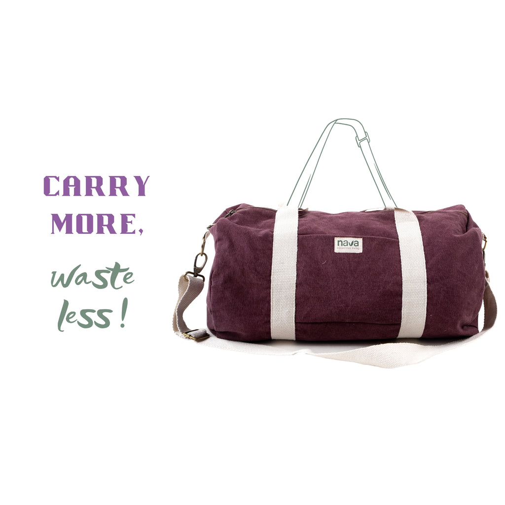 Nava branded eco-friendly cotton duffle bag in red color, with removable straps