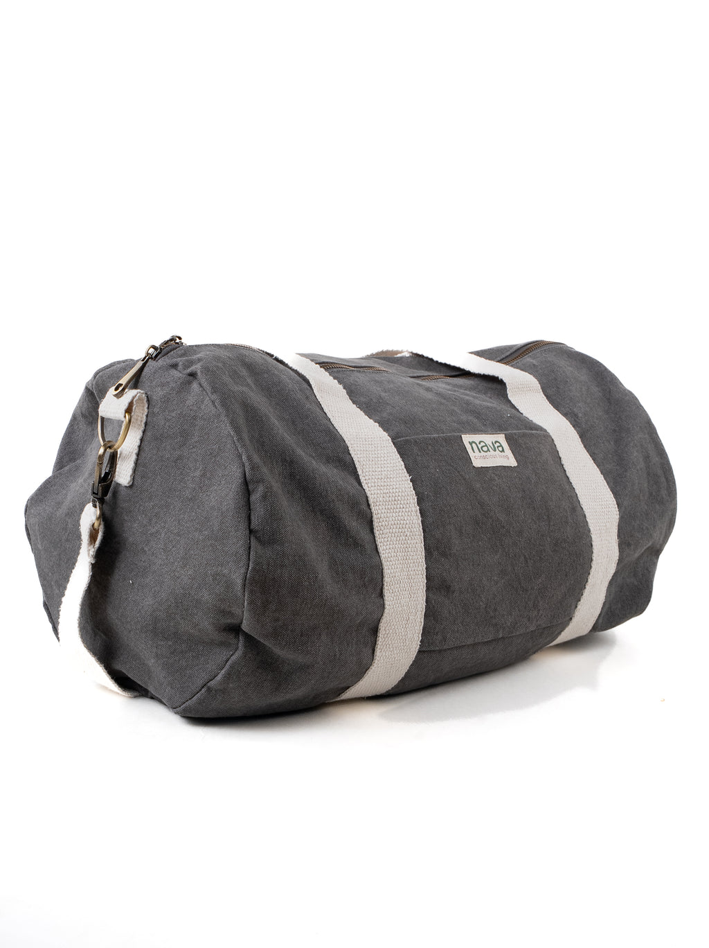 Nava branded eco-friendly cotton duffle bag in grey color, with removable straps